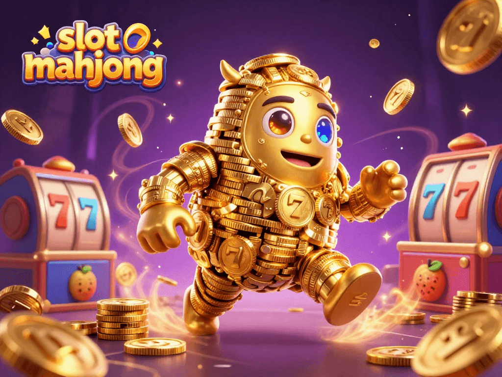 Experience slot mahjong excitement with a vibrant golem and spinning reels in a dazzling casino scene.