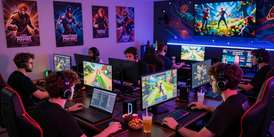 Engaged gamers playing porn games online in a vibrant gaming setup.