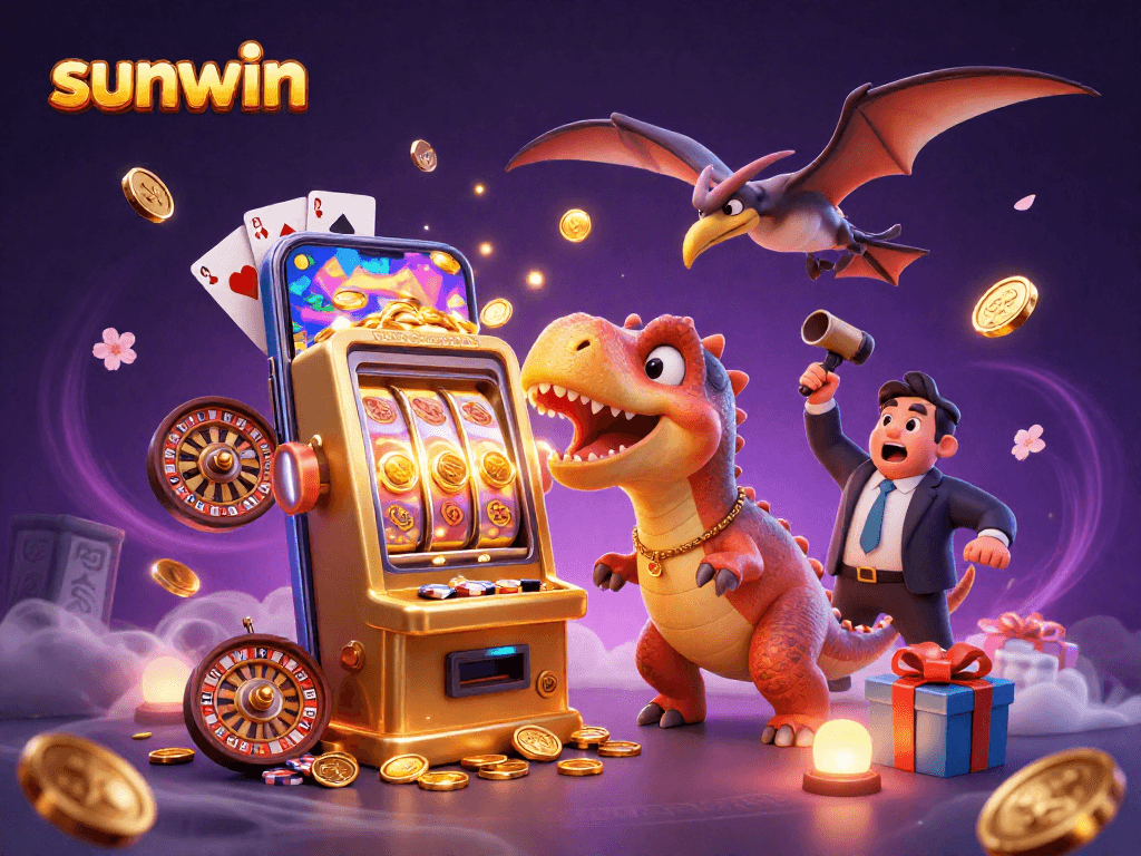 sunwin showcases a pachycephalosaurus hitting a slot machine, amidst a vibrant casino scene