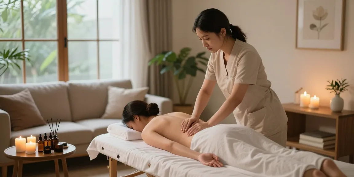 Professional therapist delivering 출장안마 in a tranquil home environment, enhancing relaxation and comfort.