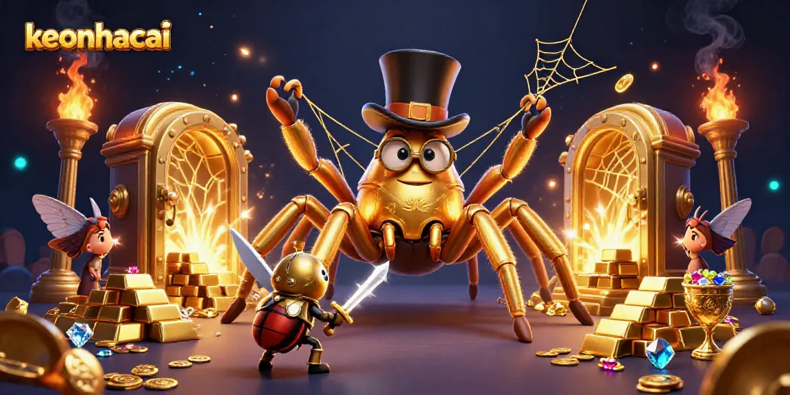 Engage with keonhacai as a 3D cartoon golden tarantula weaves a web of gems and treasures in a digital casino.