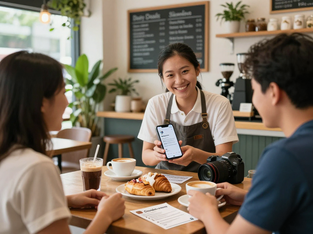 google reviews singapore highlighted in a bustling café atmosphere showing owner engaging with customers and smartphone