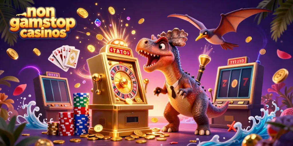 Experience excitement at non gamstop casinos with playful dinosaurs and golden slot winnings.