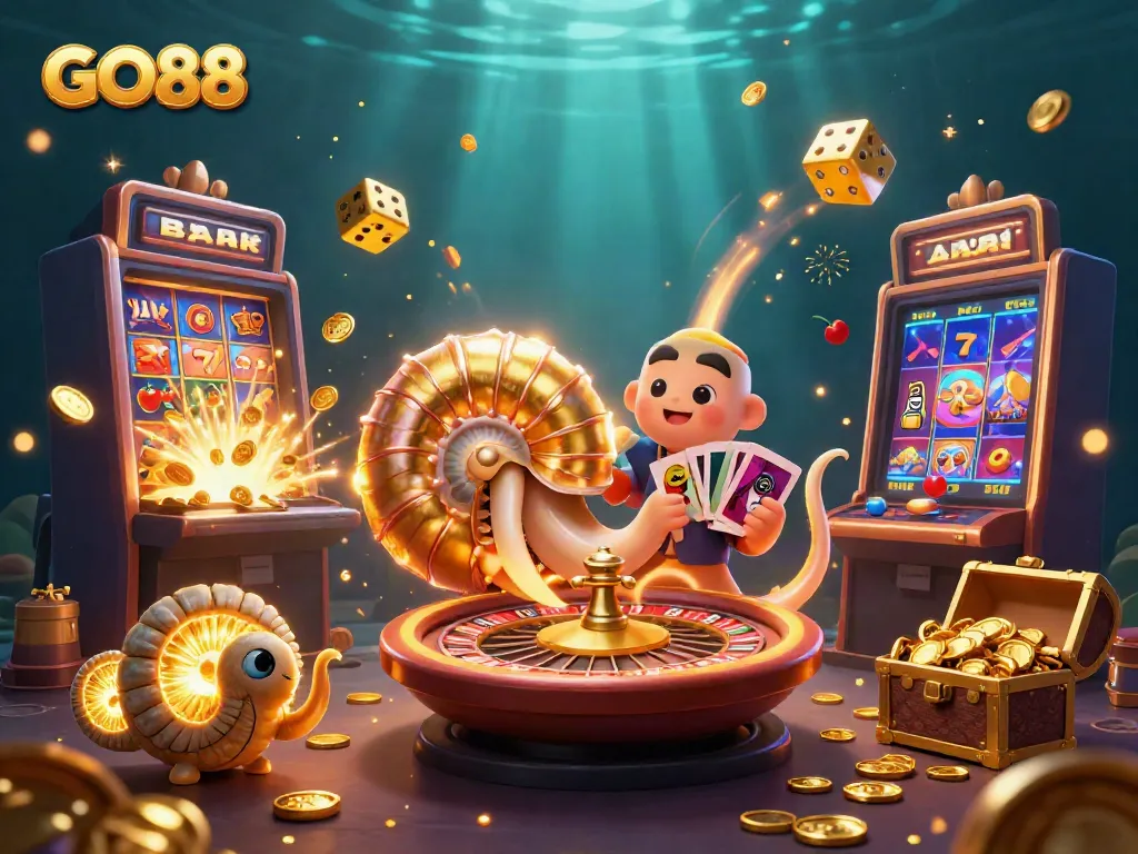 Win big at GO88 with a vibrant casino scene featuring a giant nautilus roulette wheel and explosive jackpots.