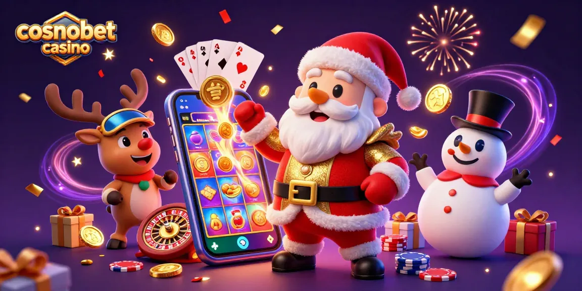Winning big at cosmobet casino with Santa, his reindeer, and a poker chip snowman.