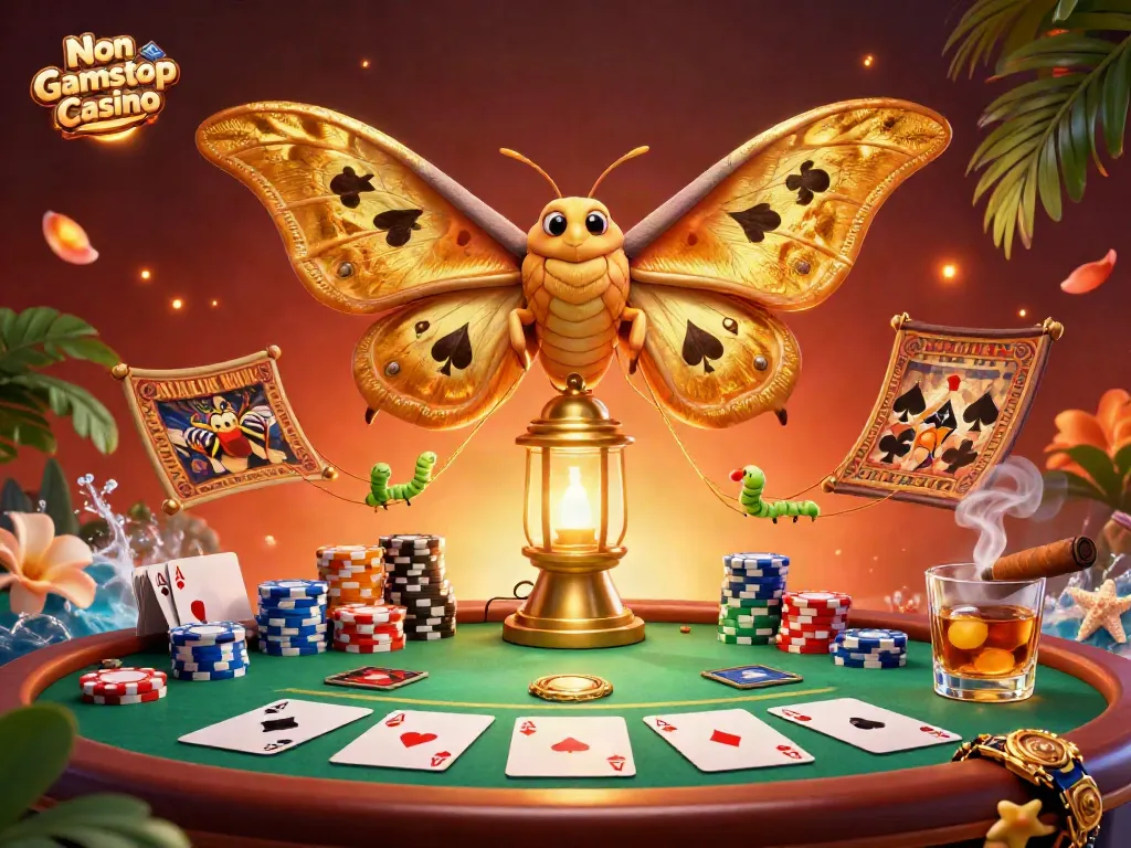 Experience the richness of Non Gamstop Casino with vibrant poker elements and golden motifs in a captivating scene.
