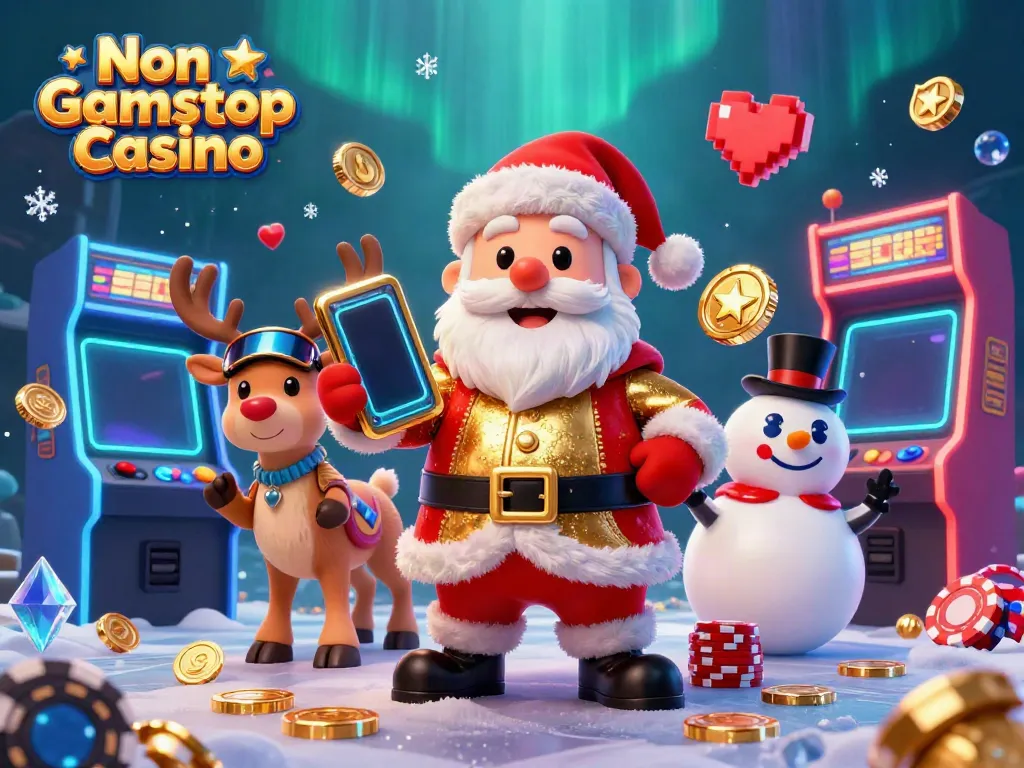Engage in fun at Non Gamstop Casinos featuring vibrant gaming scenes, colorful machines, and festive characters!