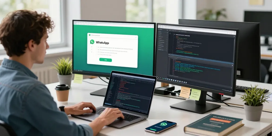 WhatsApp下載 in a tech workspace with a developer coding, dual monitors, and a smartphone in a modern office environment.