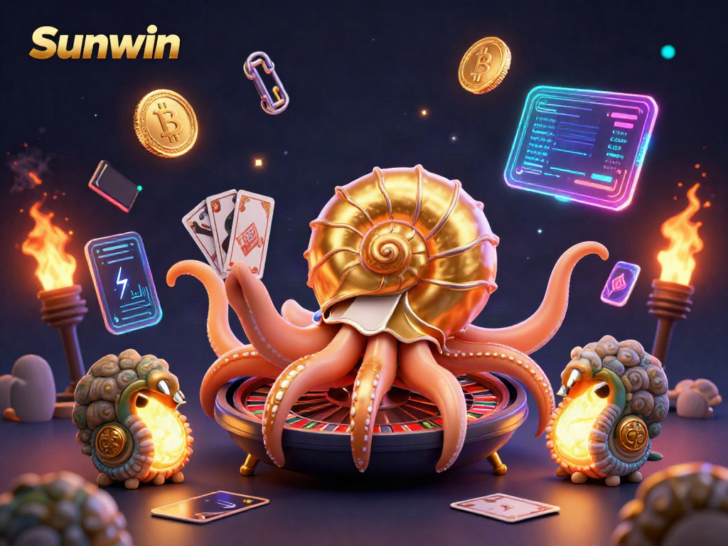 Sunwin showcases exciting casino dynamics with a giant nautilus roulette wheel and glowing cards