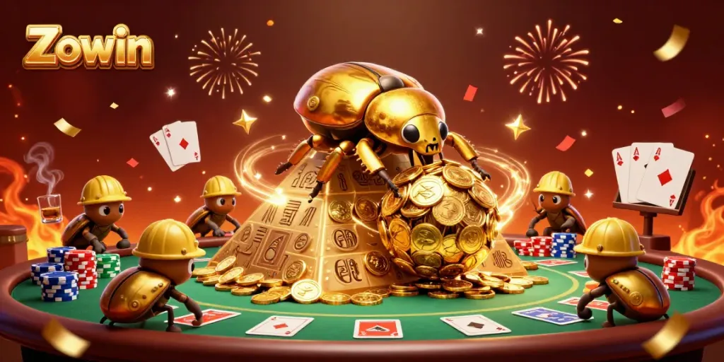 Engage with Zowin's vibrant casino atmosphere and golden treasures in an exciting 3D illustration.