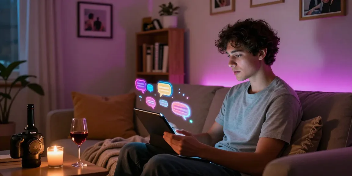 A young adult having an intimate conversation with an AI companion, showcasing ai 18+ interaction in a cozy setting.
