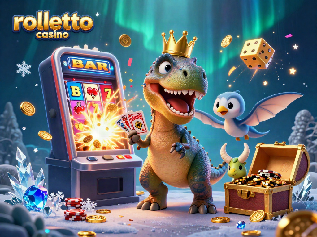 Explore the vibrant rolletto casino with a fun T-Rex and colorful gaming elements in a lively scene.