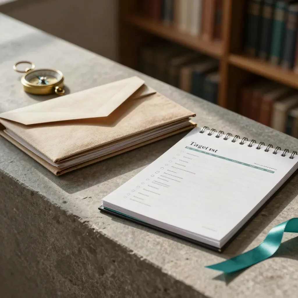Sunlit finance planning kit on stone ledge with folders, envelopes, calendar and brass compass.