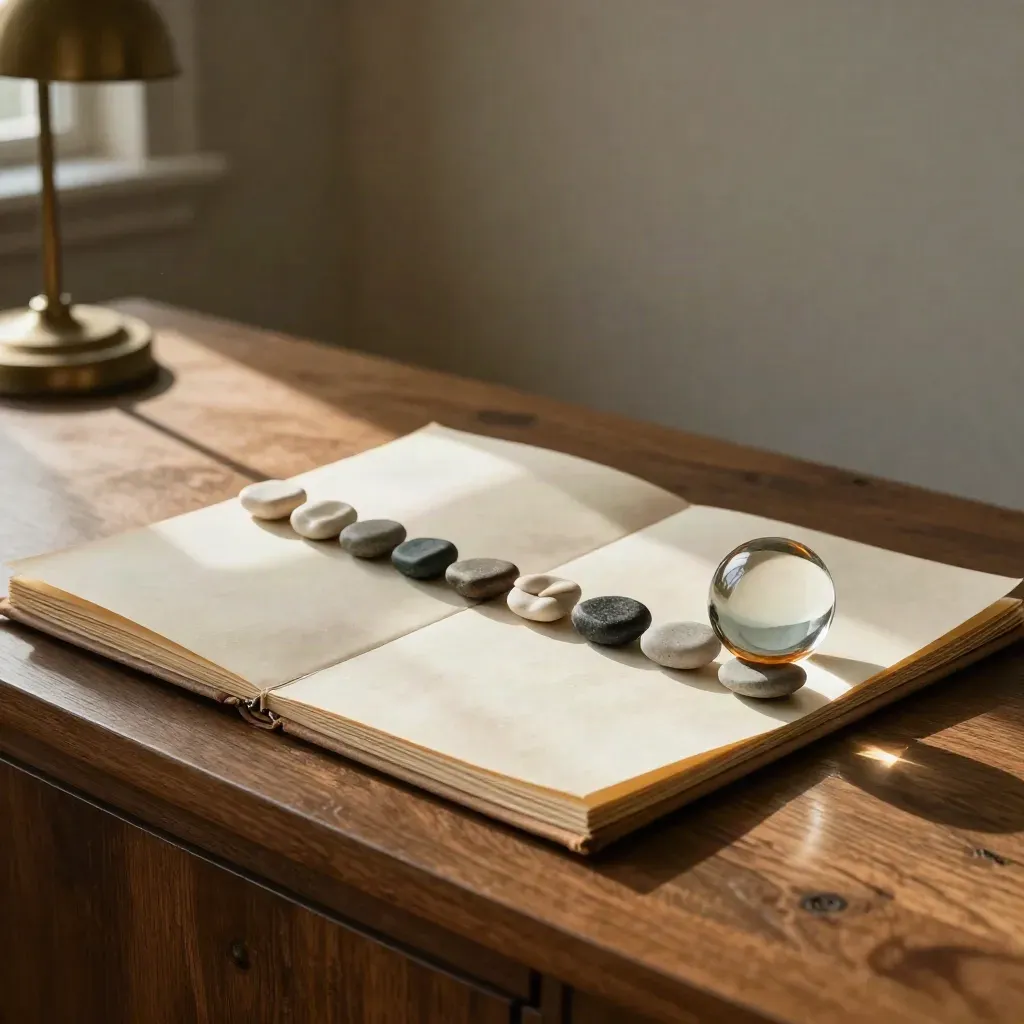 Valuation binder, ivory range markers and glass paperweight on a walnut credenza in warm late light.