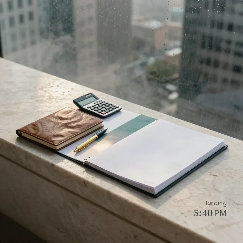 Capital-raising dossier with portfolio, calculator and city rain light on pale stone ledge.