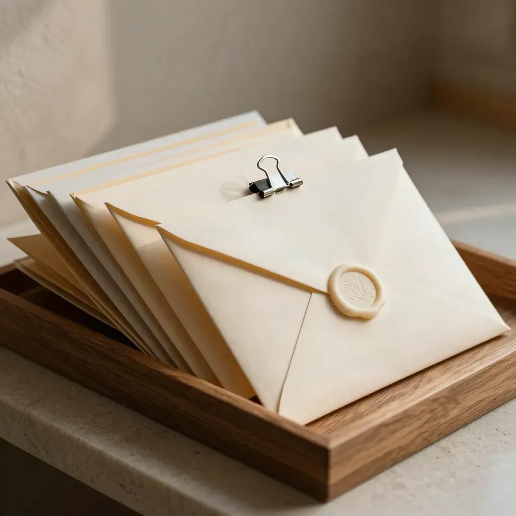 Sealed envelopes, tabbed folders and a silver binder clip in a diagonal tray