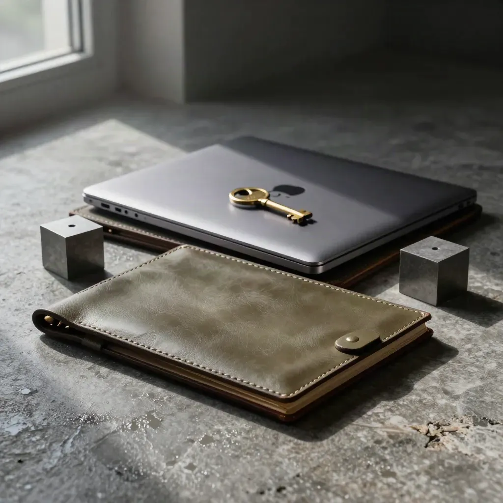 Leather acquisition folders, closed laptop, brass key and factory model on stone in dramatic light