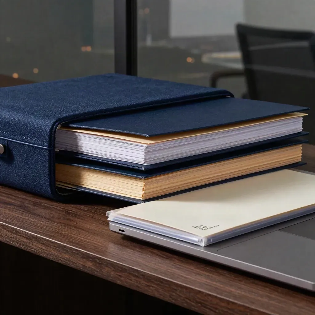 Close-up of a navy seed-round pack, closed laptop and folders on a walnut shelf with city reflections.