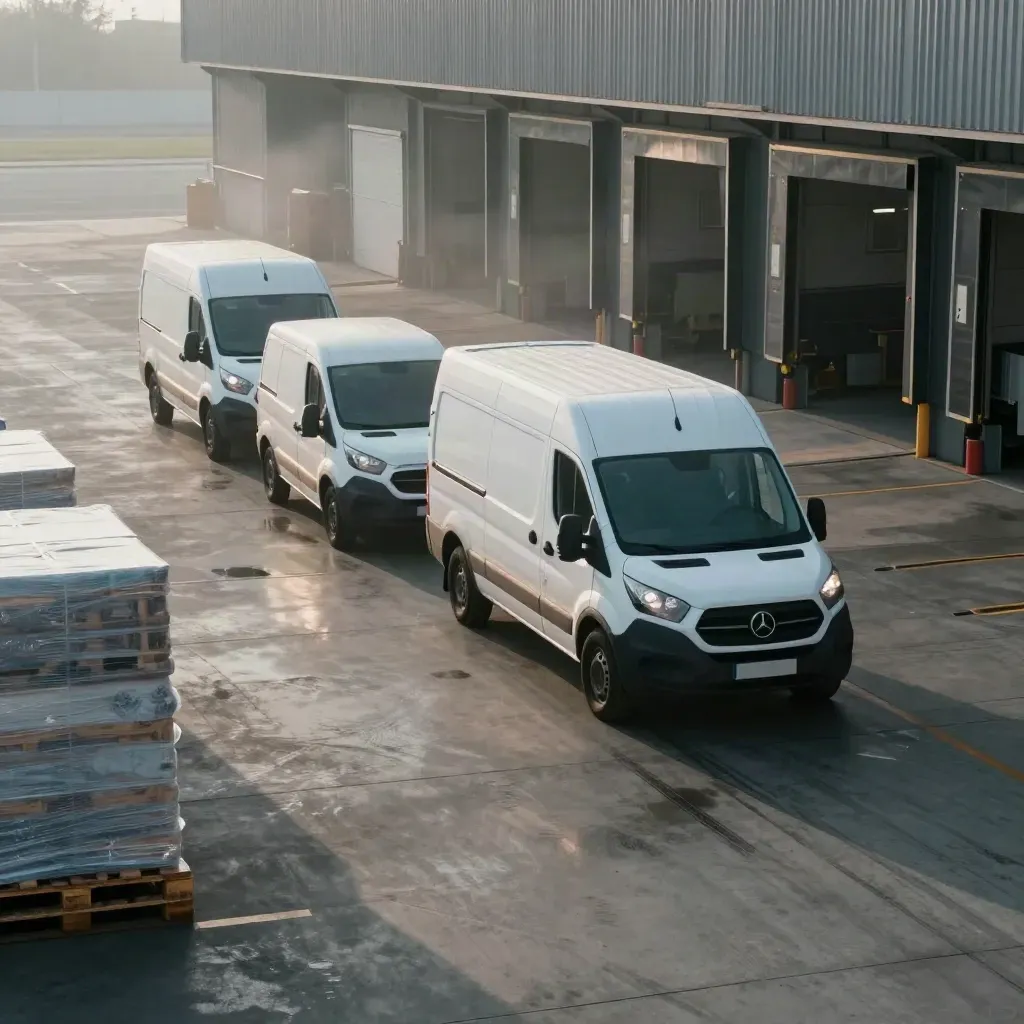 Three white vans beside pallets at a misty logistics depot in winter light