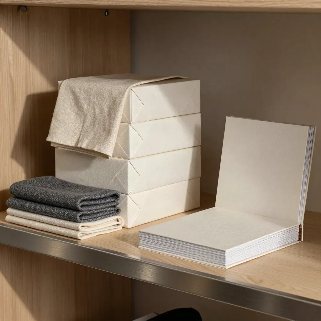 Retail sample boxes, folded fabric swatches and closed lookbook case on a boutique shelf.