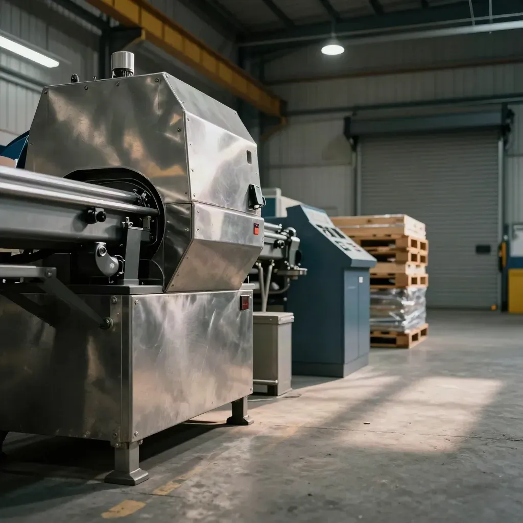 Low-angle factory bay with stainless machinery, pallets, and a shuttered loading door in warm industrial light