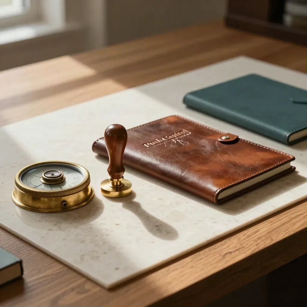 Brass seal stamp, leather folio and portfolio case on travertine in a finance workspace