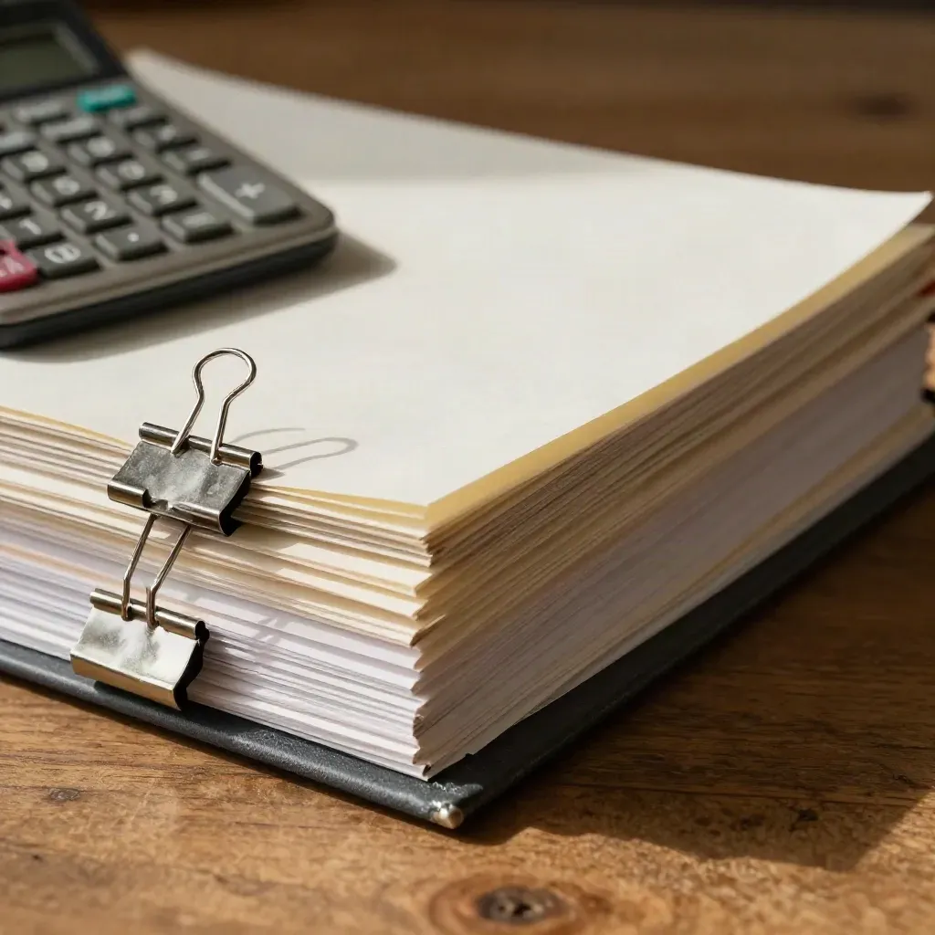 Calculator, audit clips, blank sheets and binder spine in a close tabletop still life.