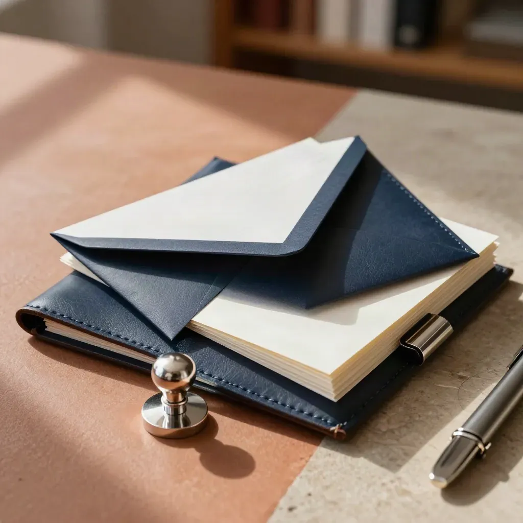 Leather folio, reply cards, desk seal and binder on terracotta stone, lit by soft daylight.