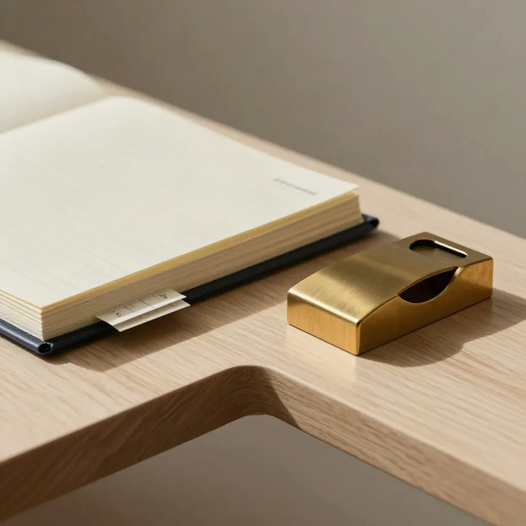 Calculator, blank ledger pad, brass paperweight and neat cashflow tabs on pale wood.