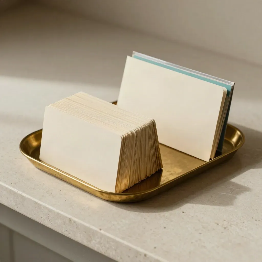 Brass tray with face-down cards and two closed investor folders on pale stone.