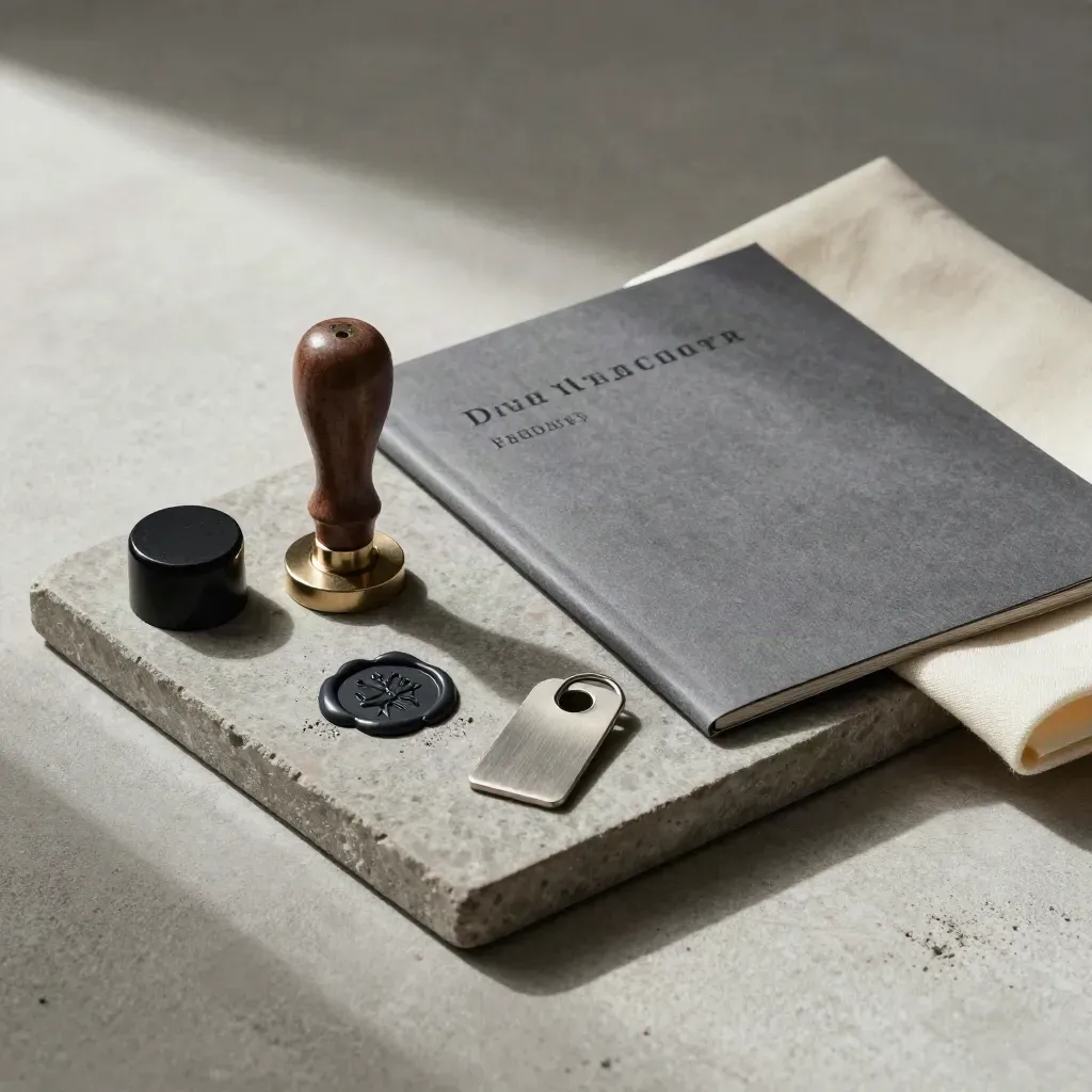 Ink stamp, wax seal, dossier folder and silver key tag on a stone tray with soft side light.