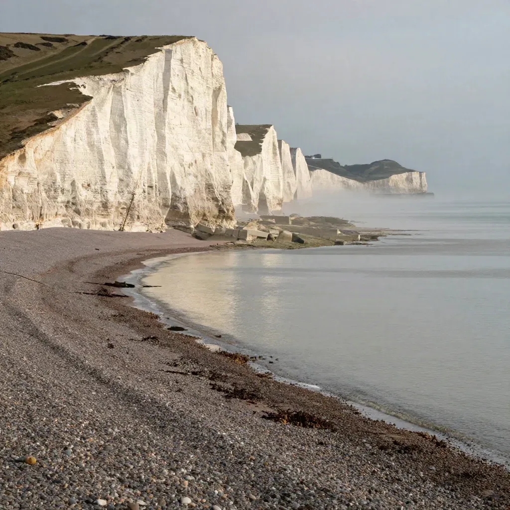 Sunlit chalk cliffs above a misty shingle coast and calm reflective sea.