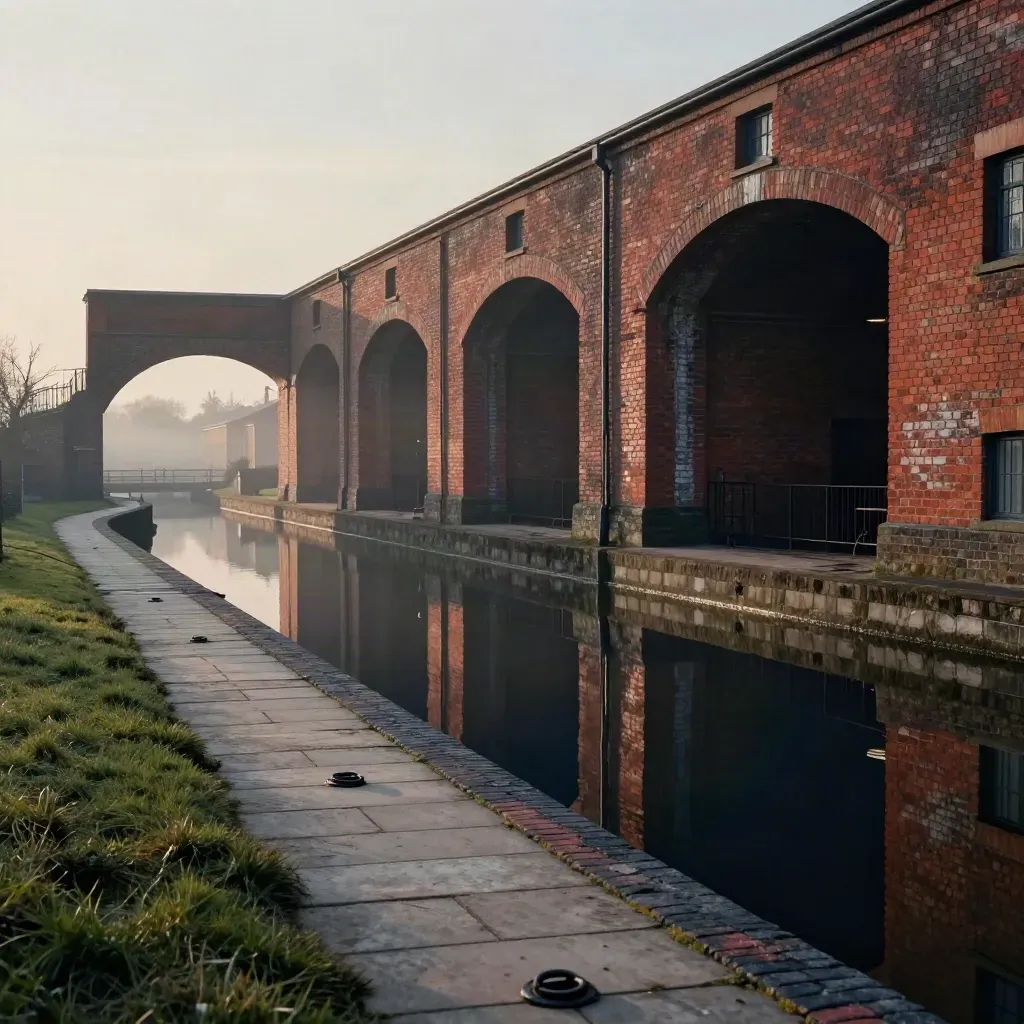 Hazy Midlands canal with red-brick warehouses, viaduct arches and still water at dusk.