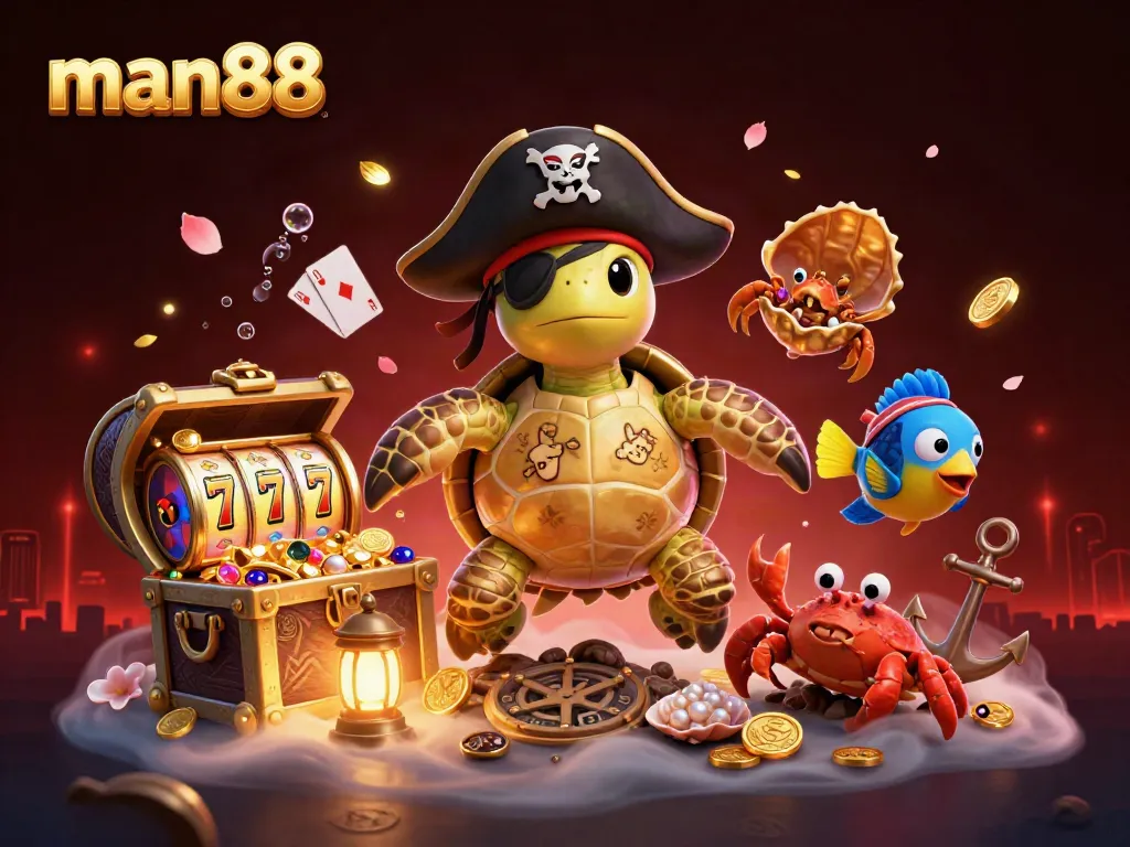 Experience thrilling wins at man88 with a 3D pirate turtle by treasure, showcasing vibrant casino elements.