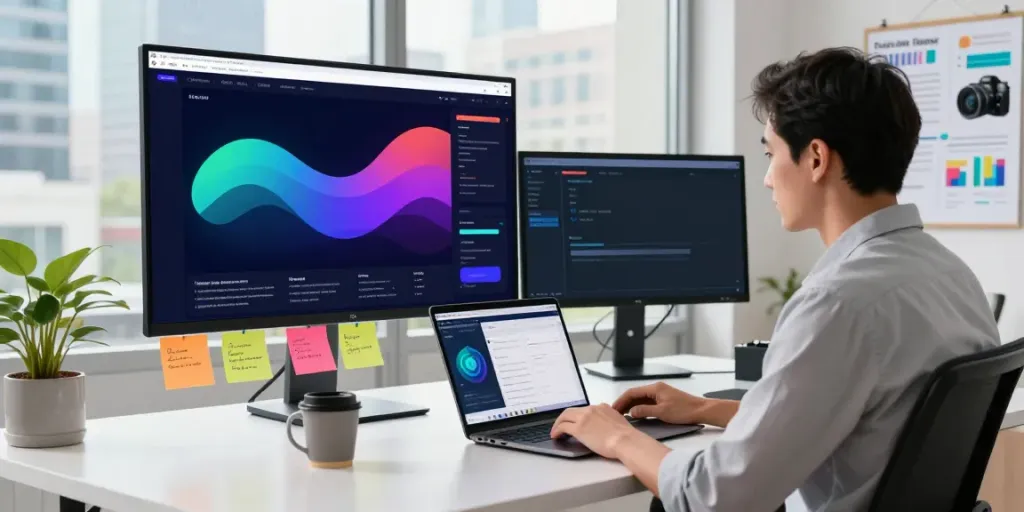 SEO specialist analyzing instant indexing analytics in a vibrant workspace.