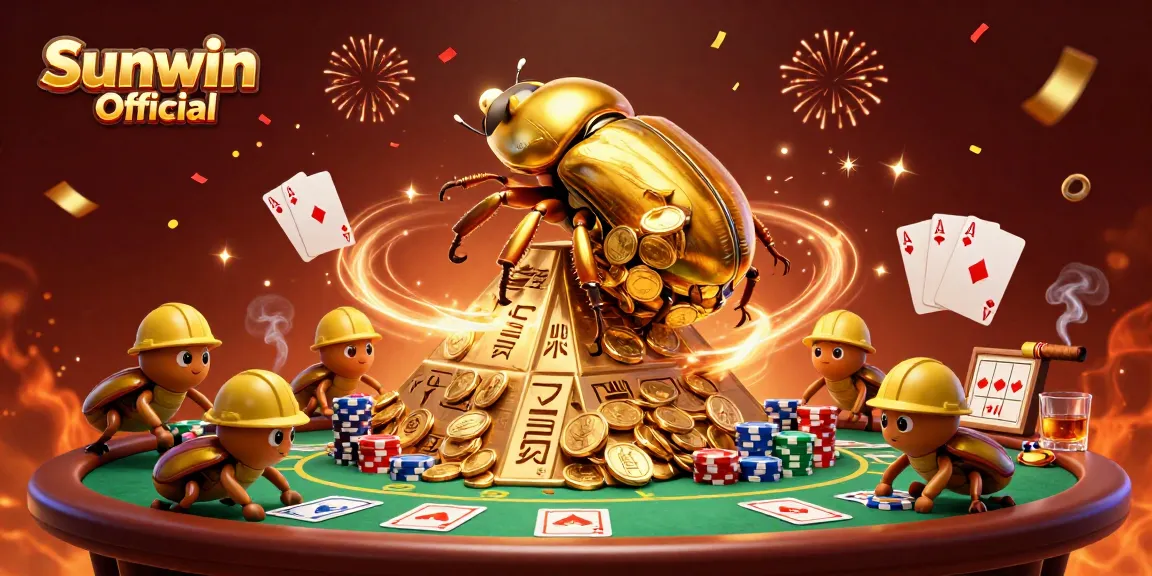 Experience the vibrant casino scene in Sunwin Official with a golden dung beetle and poker elements.