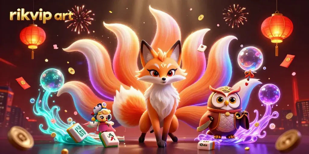 Experience rikvip art with vibrant 3D illustration of a nine-tailed fox and wise owl in a magical casino scene.