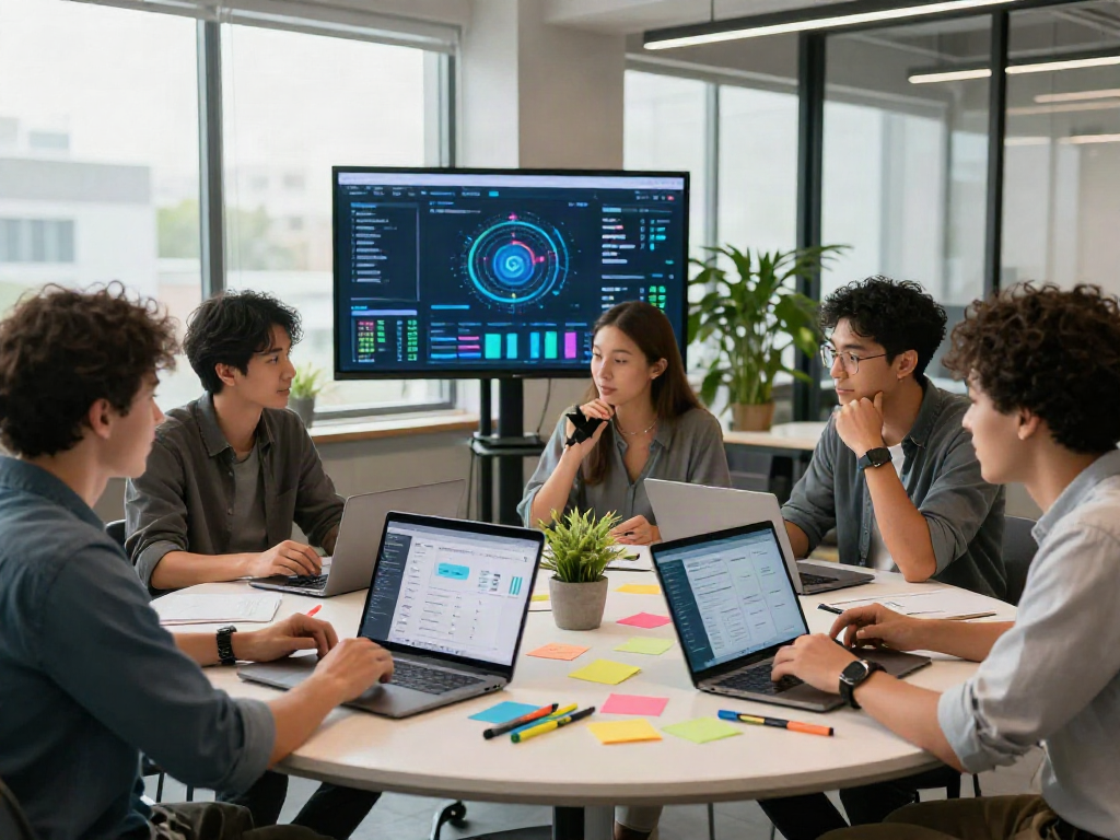 Team brainstorming innovative spicy ai marketing strategies in a bright workspace.