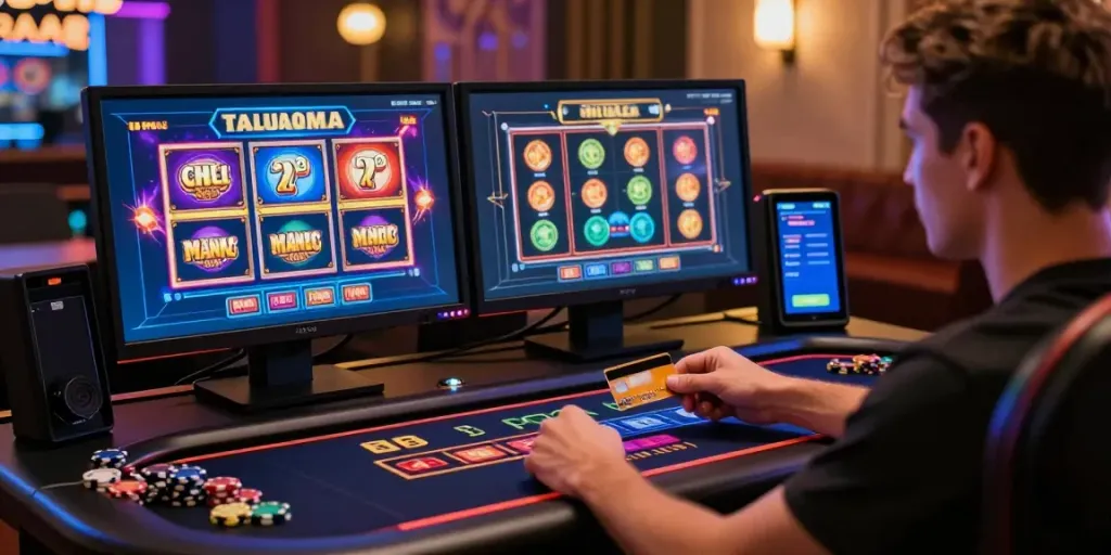 Excited player at best credit card casinos, preparing to deposit in a modern gaming environment.